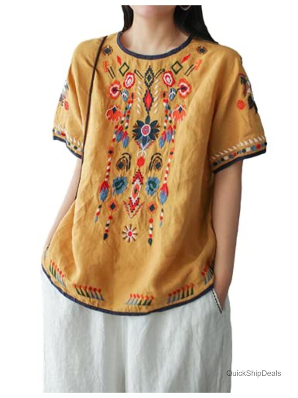 Cotton Linen Embroidered Tunic Top Boho Peasant Short Sleeve